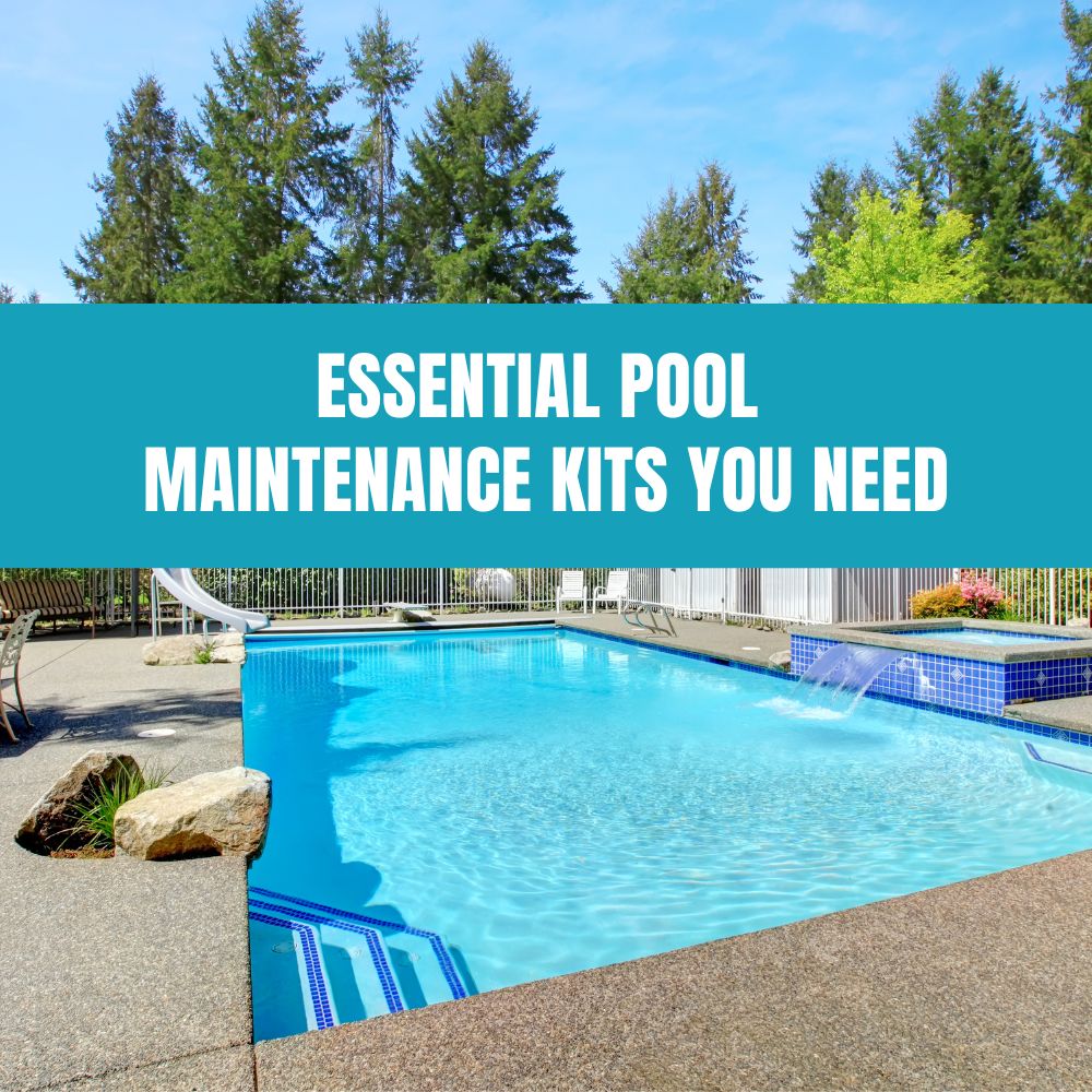 Essential pool maintenance kit with tools like skimmers, brushes, vacuums, and water test kits for a clean and safe pool.