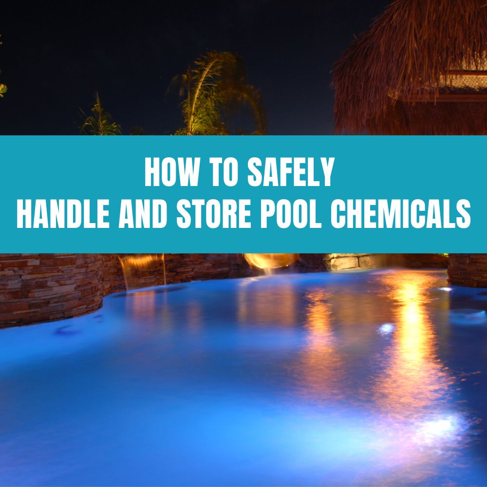 Pool chemicals safely stored on shelves in a cool, dry place, demonstrating proper handling and storage practices