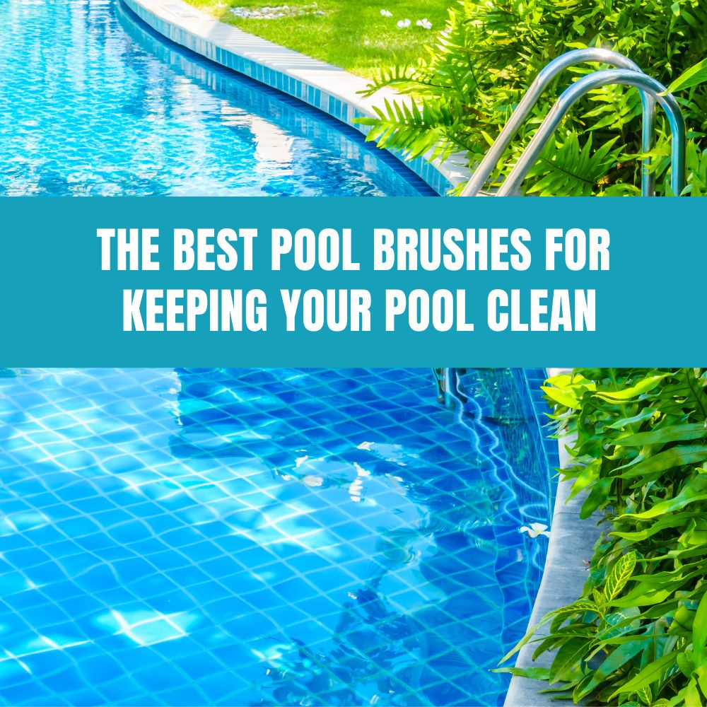 Various types of pool brushes including nylon, stainless steel, and combination brushes for maintaining a clean pool.