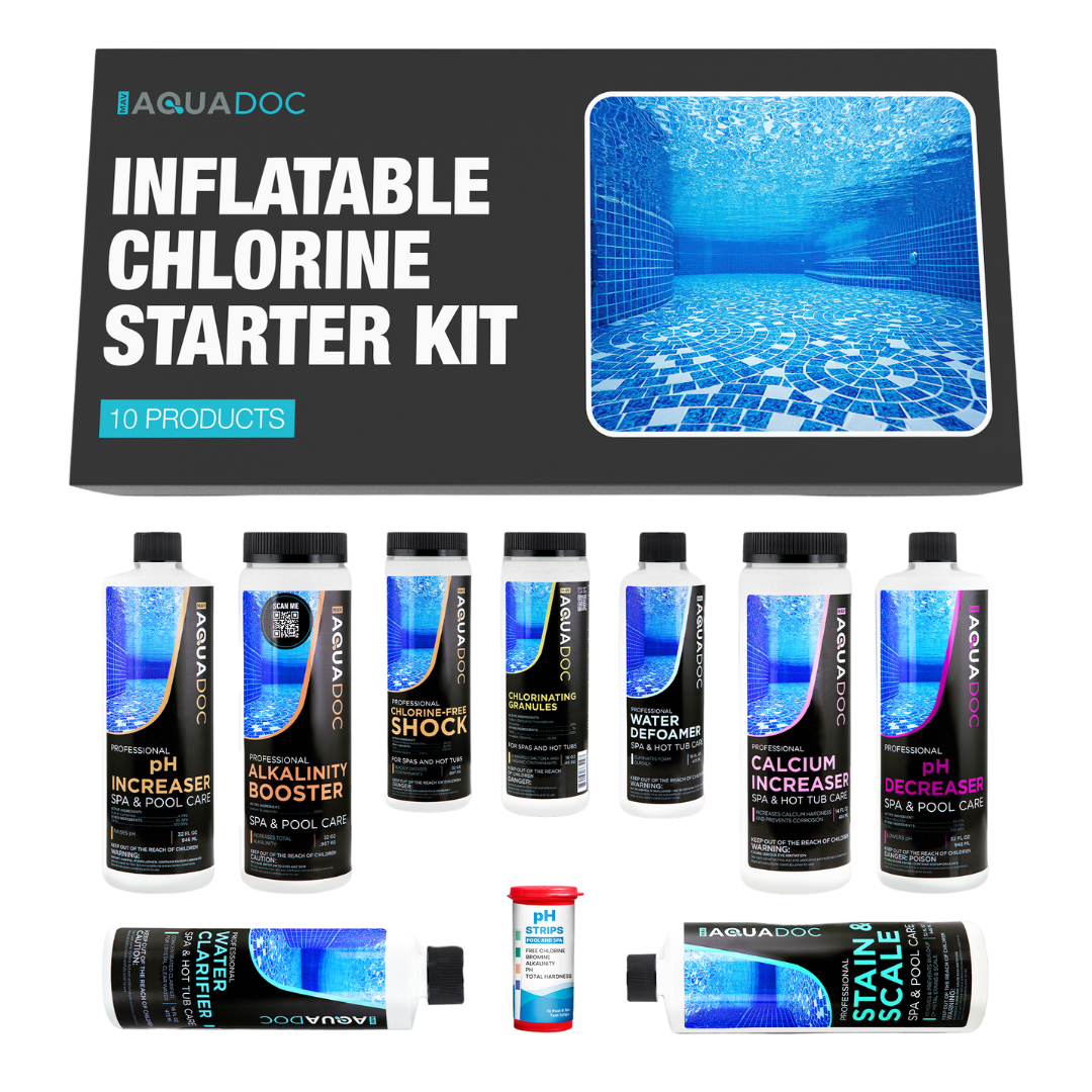 Complete Inflatable Chlorine Hot Tub Kit with essential maintenance tools and chemicals