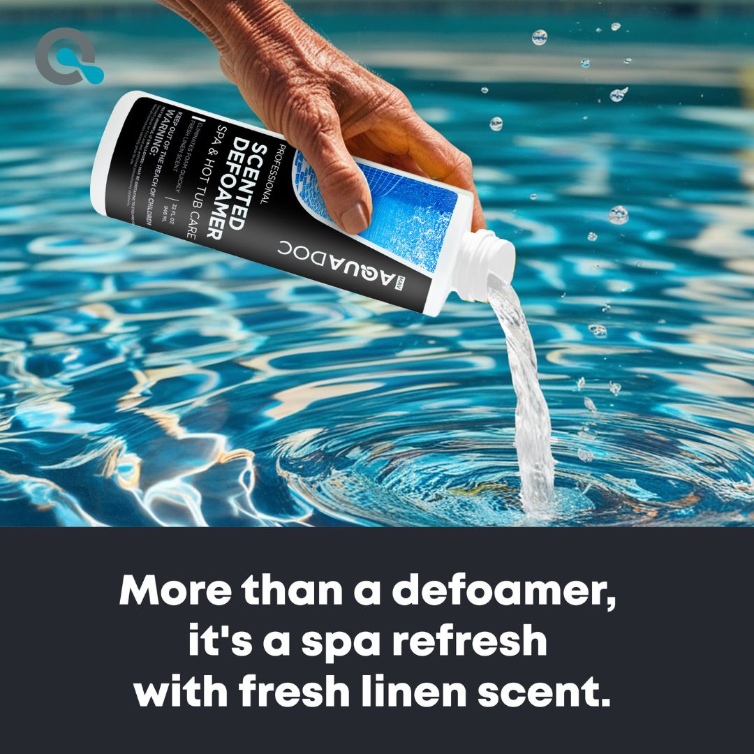 Fresh linen scent displayed on the AquaDoc Hot Tub Defoamer bottle.